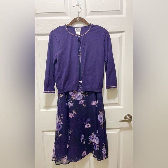 Womens 2 Piece Dress with Sweater Cardigan Size 8 Floral  Lot of 2 Purple Green - Picture 8 of 11